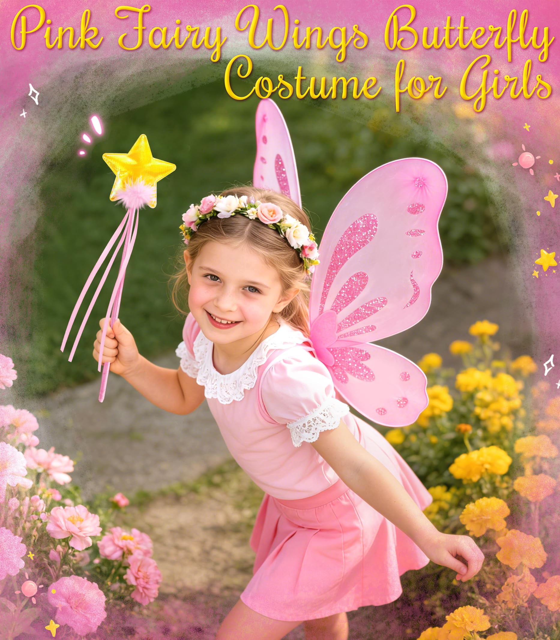 VEKDA Fairy Wings and Star Wand Set for Girls – Butterfly Costume Accessory for Dress-Up, Halloween, and Birthday Play