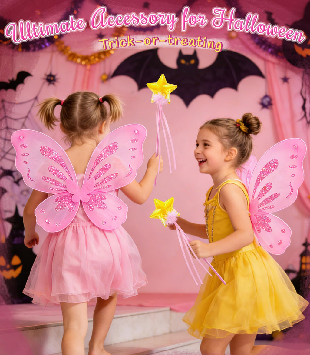 VEKDA Fairy Wings and Star Wand Set for Girls – Butterfly Costume Accessory for Dress-Up, Halloween, and Birthday Play