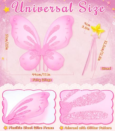 VEKDA Fairy Wings and Star Wand Set for Girls – Butterfly Costume Accessory for Dress-Up, Halloween, and Birthday Play