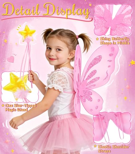VEKDA Fairy Wings and Star Wand Set for Girls – Butterfly Costume Accessory for Dress-Up, Halloween, and Birthday Play