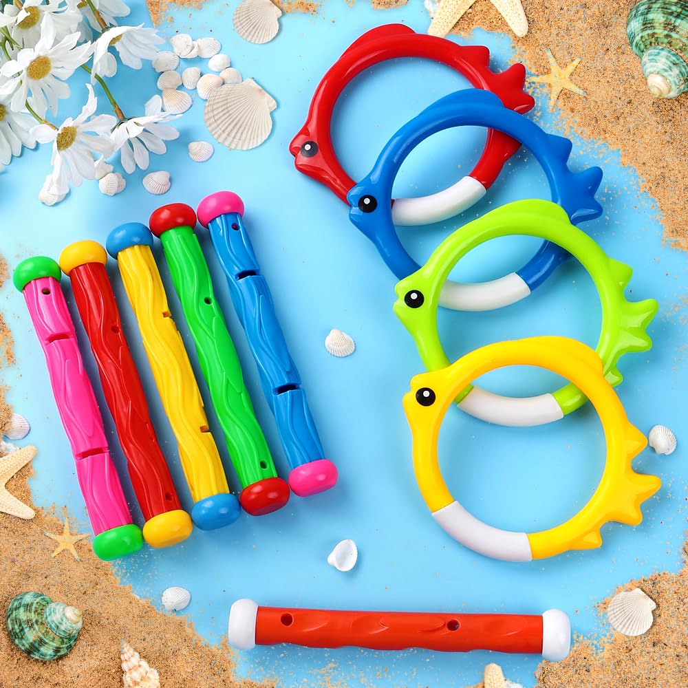 Vellibring 10-Piece Pool Dive Toy Set – Colorful Sinking Sticks & Rings for Kids Summer Fun