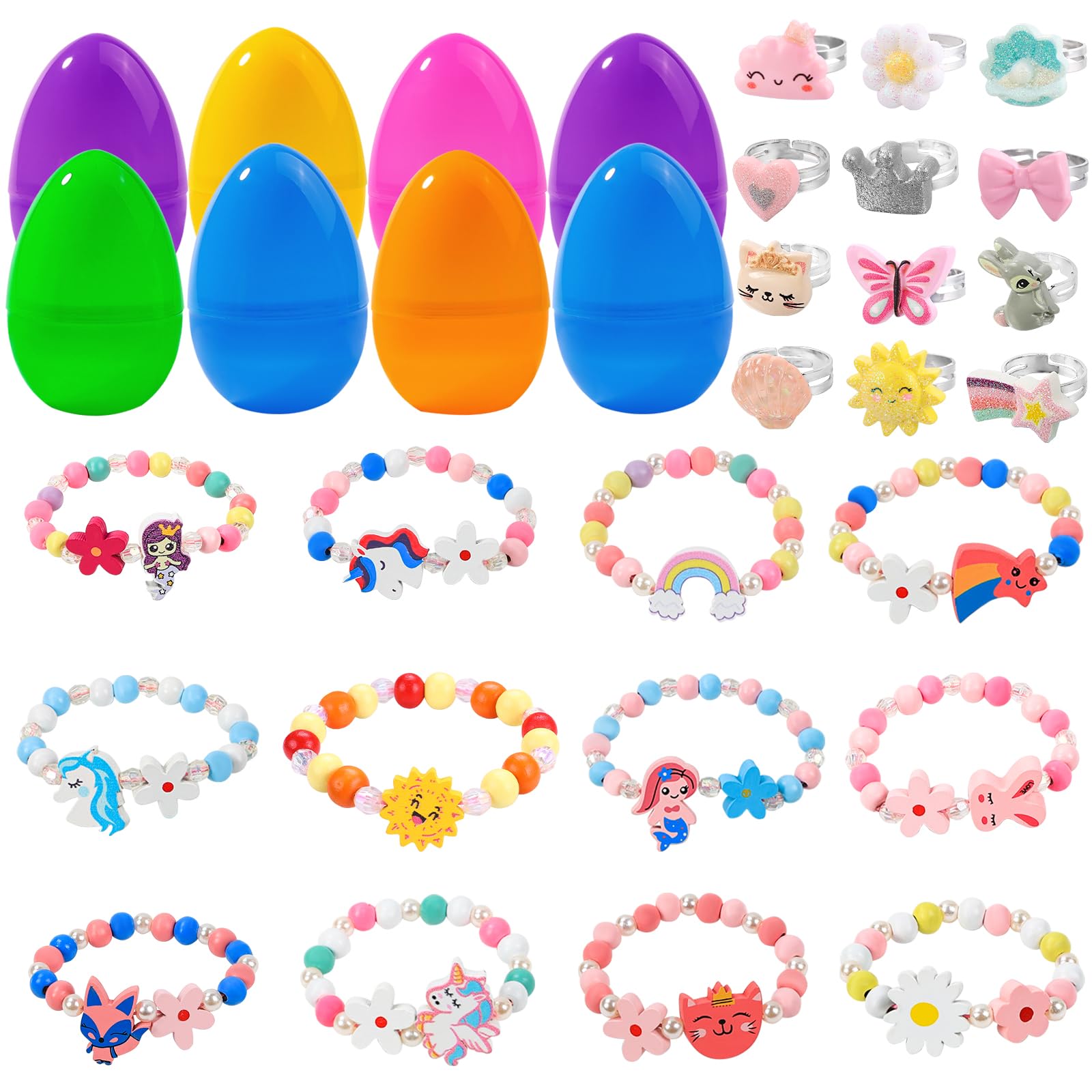 Vellibring 12 Prefilled Easter Eggs with 12 Bracelets & 12 Rings - Easter Basket Stuffers for Girls Kids Party Favors
