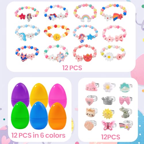 Vellibring 12 Prefilled Easter Eggs with 12 Bracelets & 12 Rings - Easter Basket Stuffers for Girls Kids Party Favors