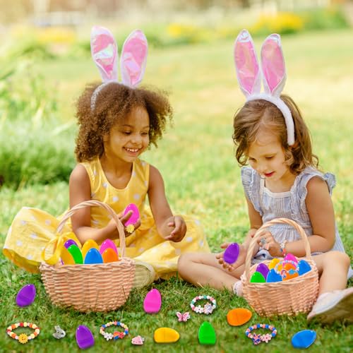 Vellibring 12 Prefilled Easter Eggs with 12 Bracelets & 12 Rings - Easter Basket Stuffers for Girls Kids Party Favors