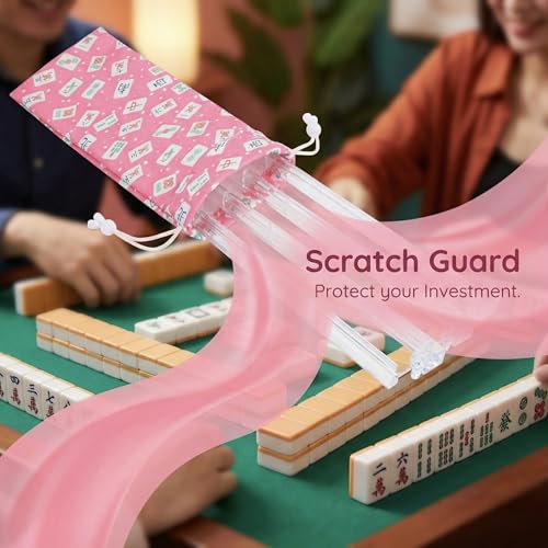 Velvet Drawstring Mahjong Rack Bag – Pink, Fits 4 Racks and Pushers, Mahjong Print Storage Pouch