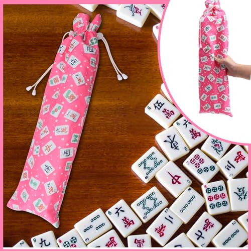 Velvet Drawstring Mahjong Rack Bag – Pink, Fits 4 Racks and Pushers, Mahjong Print Storage Pouch