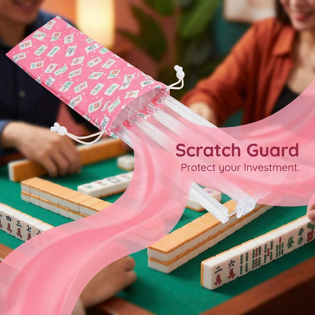 Velvet Drawstring Mahjong Rack Bag – Pink, Fits 4 Racks and Pushers, Mahjong Print Storage Pouch
