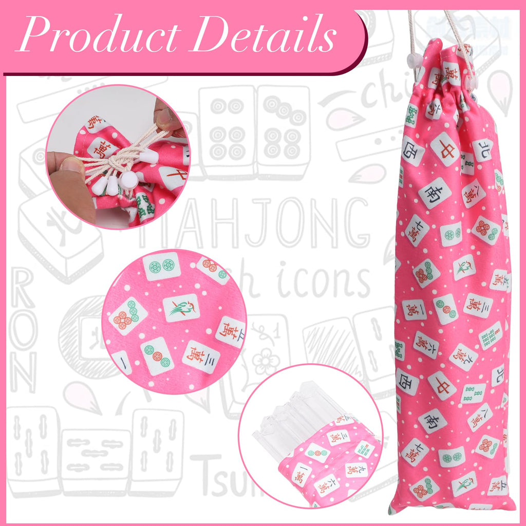 Velvet Drawstring Mahjong Rack Bag – Pink, Fits 4 Racks and Pushers, Mahjong Print Storage Pouch