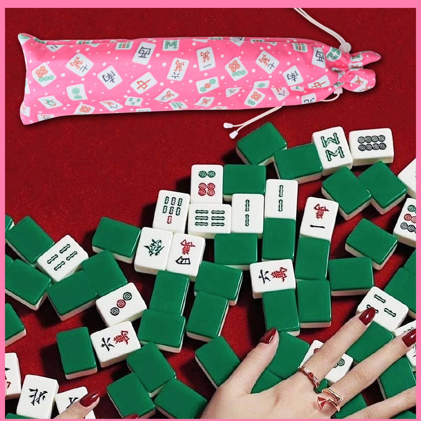 Velvet Drawstring Mahjong Rack Bag – Pink, Fits 4 Racks and Pushers, Mahjong Print Storage Pouch