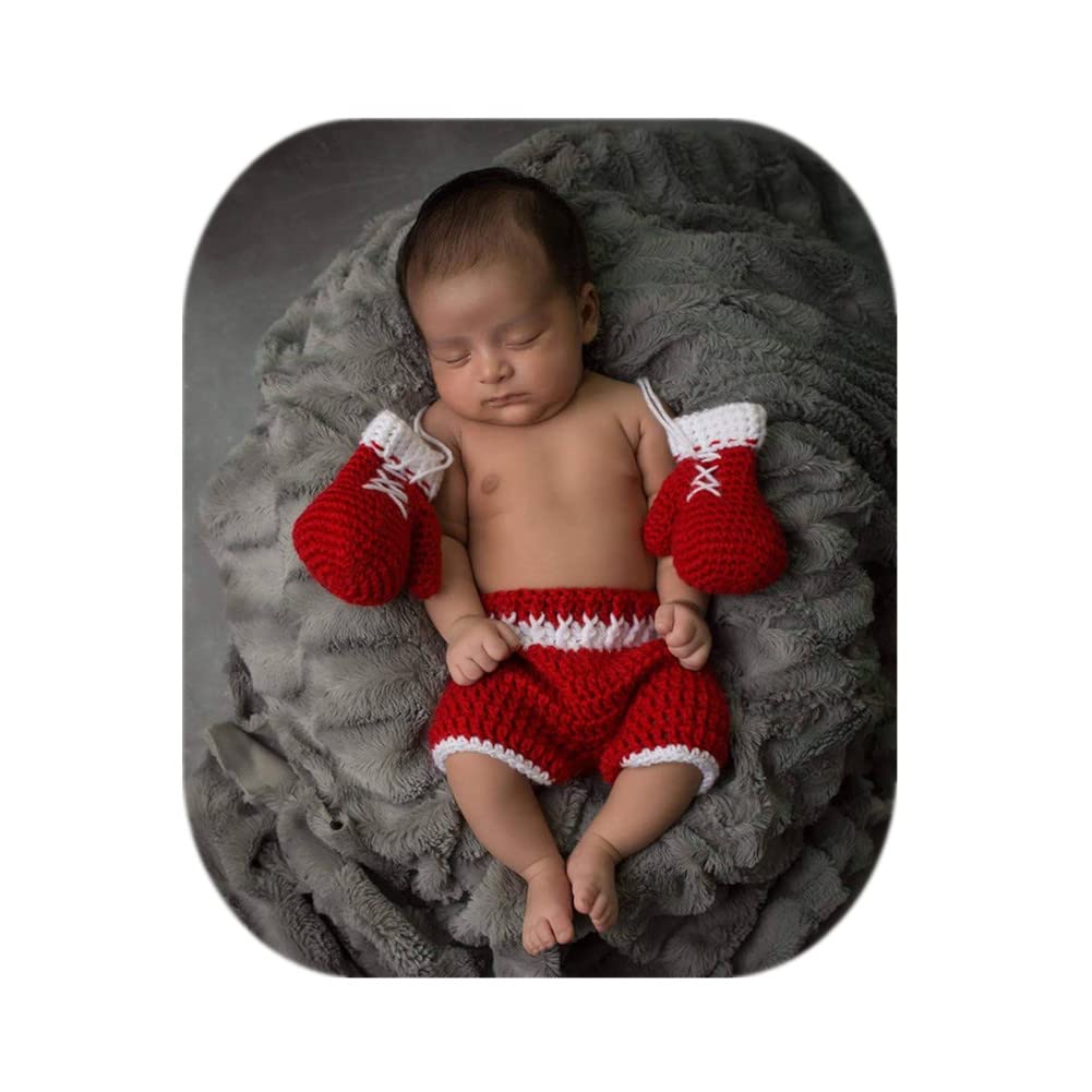 Vemonllas Newborn Crochet Boxing Gloves & Pants Set - Wool Knit Baby Photo Prop