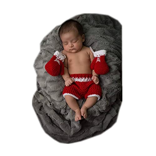 Vemonllas Newborn Crochet Boxing Gloves & Pants Set - Wool Knit Baby Photo Prop