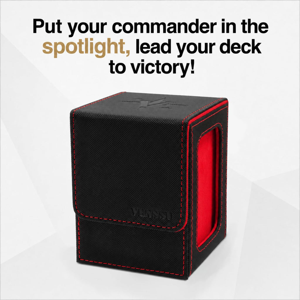 Venssu MTG Commander Deck Box – Holds 100 Double-Sleeved Cards, PU Leather, with 2 Dividers & Toploader (Black/Red)