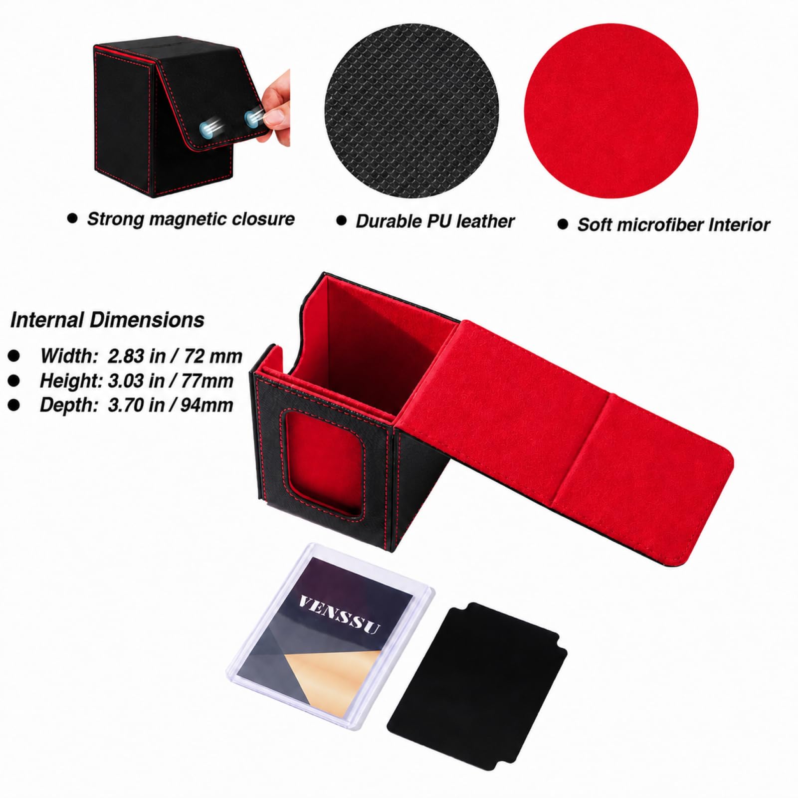 Venssu MTG Commander Deck Box – Holds 100 Double-Sleeved Cards, PU Leather, with 2 Dividers & Toploader (Black/Red)