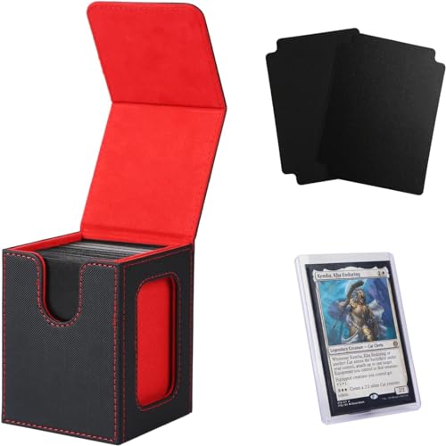 Venssu MTG Commander Deck Box – Holds 100 Double-Sleeved Cards, PU Leather, with 2 Dividers & Toploader (Black/Red)
