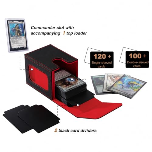 Venssu MTG Commander Deck Box – Holds 100 Double-Sleeved Cards, PU Leather, with 2 Dividers & Toploader (Black/Red)