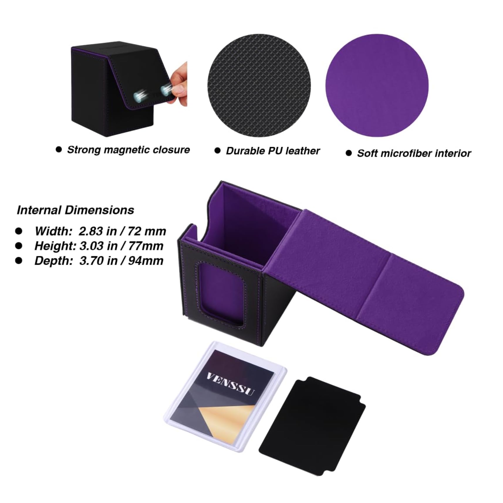Venssu MTG Deck Box with Commander Display Slot – Patented, Fits 100+ Double-Sleeved Cards, Includes Dividers & Toploader (Black & Purple)