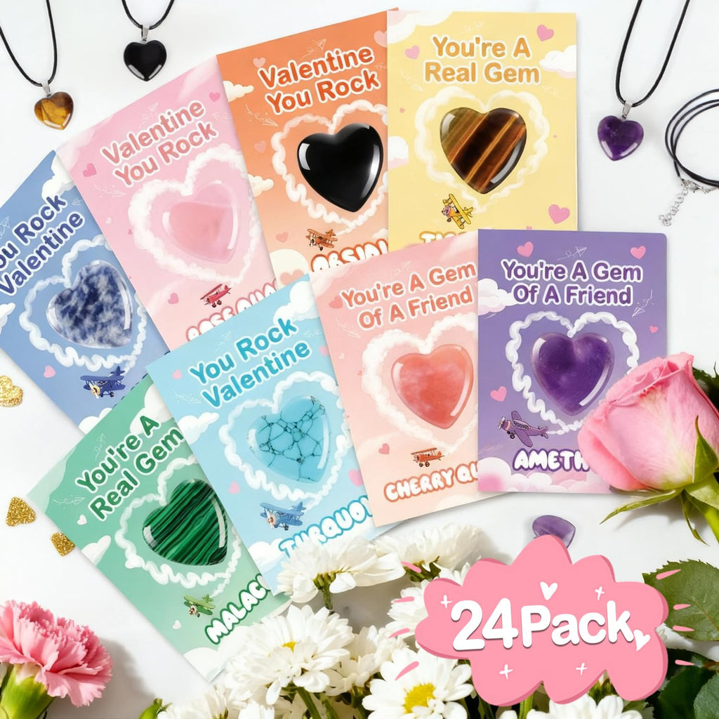 VERDRIP Valentine's Day Gifts for Kids School – 24 Heart Gem Pendants with Cards, Cords & Bags for Classroom Exchange Party Favors