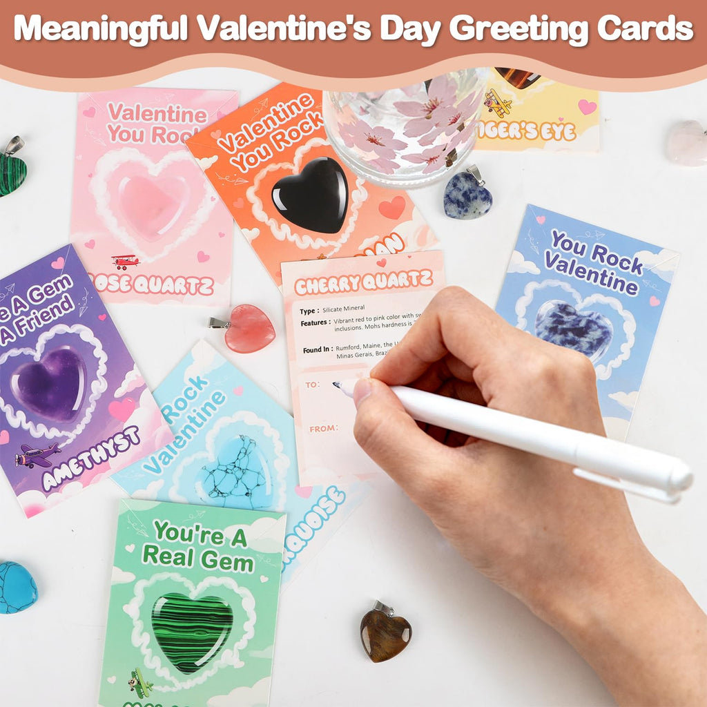 VERDRIP Valentine's Day Gifts for Kids School – 24 Heart Gem Pendants with Cards, Cords & Bags for Classroom Exchange Party Favors