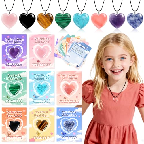 VERDRIP Valentine's Day Gifts for Kids School – 24 Heart Gem Pendants with Cards, Cords & Bags for Classroom Exchange Party Favors