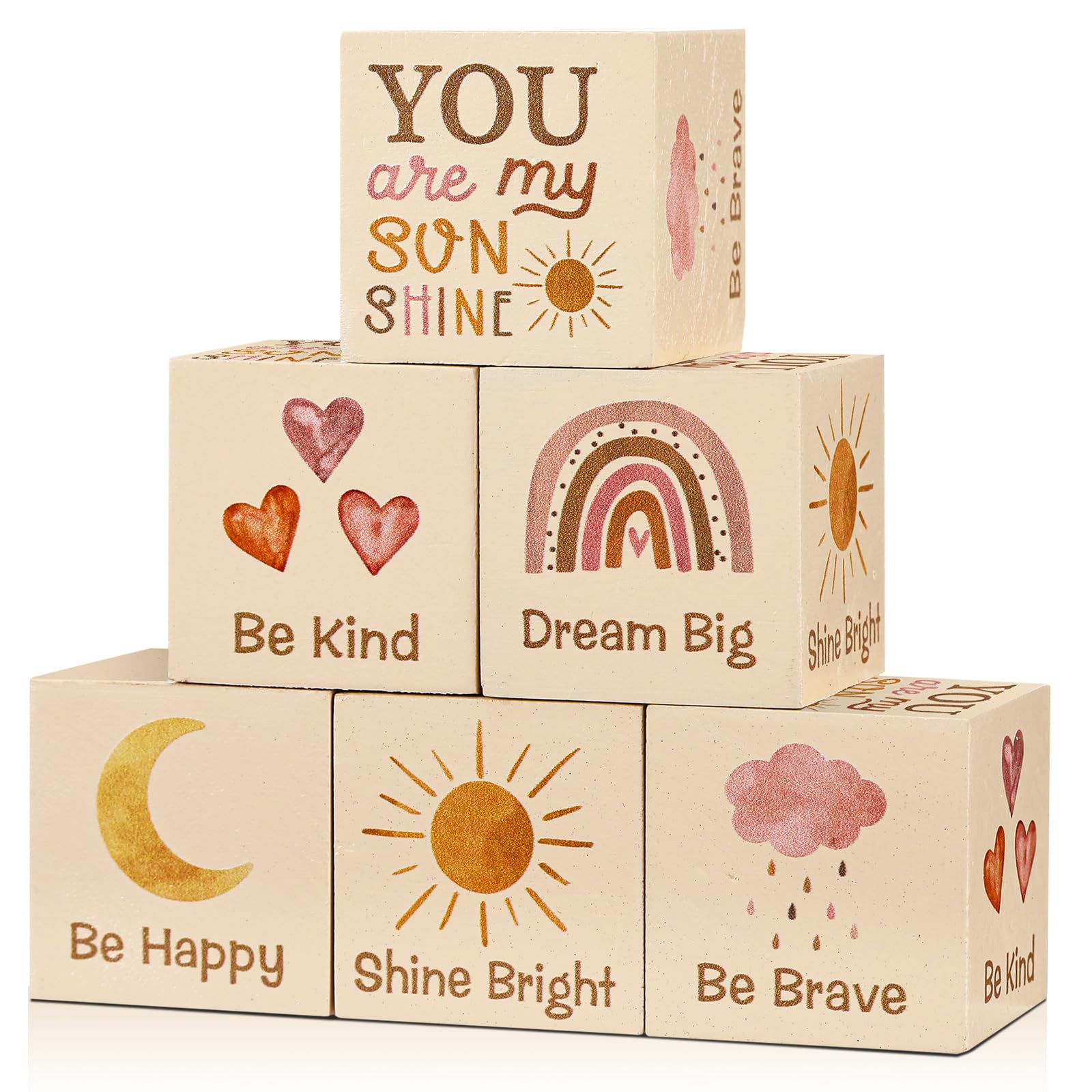 Vertintong 6-Piece Boho Rainbow Wooden Blocks for Nursery Shelf Decor