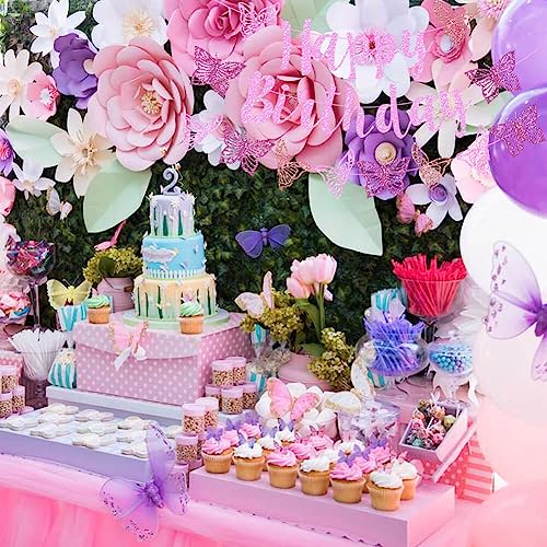 Vetwo Pink Glitter Butterfly Birthday Banner Set - Paper Party Decor for Baby Shower, Gender Reveal & More