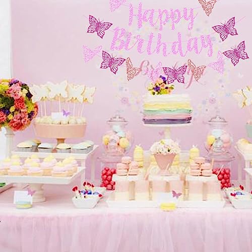 Vetwo Pink Glitter Butterfly Birthday Banner Set - Paper Party Decor for Baby Shower, Gender Reveal & More