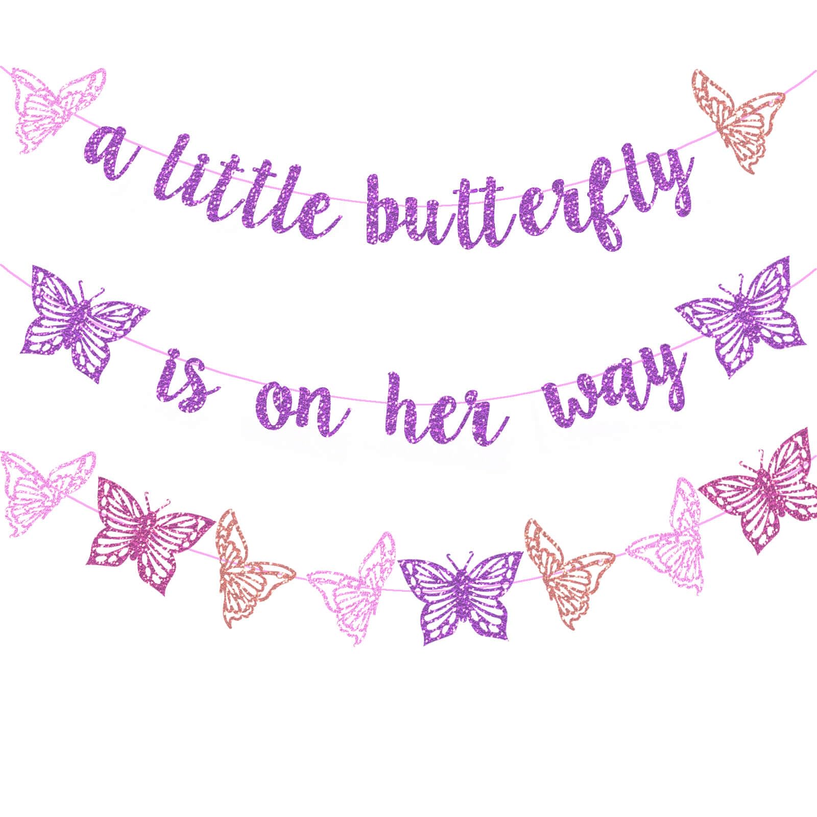 Vetwo Purple Glitter Butterfly Baby Shower Banner - 'A Little Butterfly Is On Her Way' for Gender Reveal, Pregnancy Announcement & 1st Birthday Party Supplies