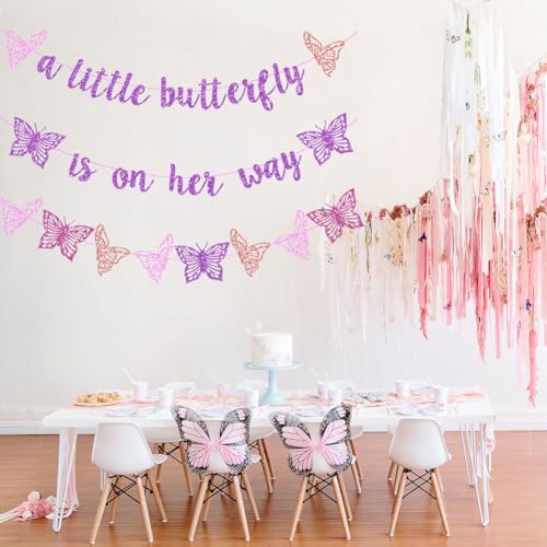 Vetwo Purple Glitter Butterfly Baby Shower Banner - 'A Little Butterfly Is On Her Way' for Gender Reveal, Pregnancy Announcement & 1st Birthday Party Supplies
