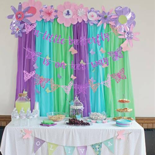 Vetwo Purple Glitter Butterfly Baby Shower Banner - 'A Little Butterfly Is On Her Way' for Gender Reveal, Pregnancy Announcement & 1st Birthday Party Supplies