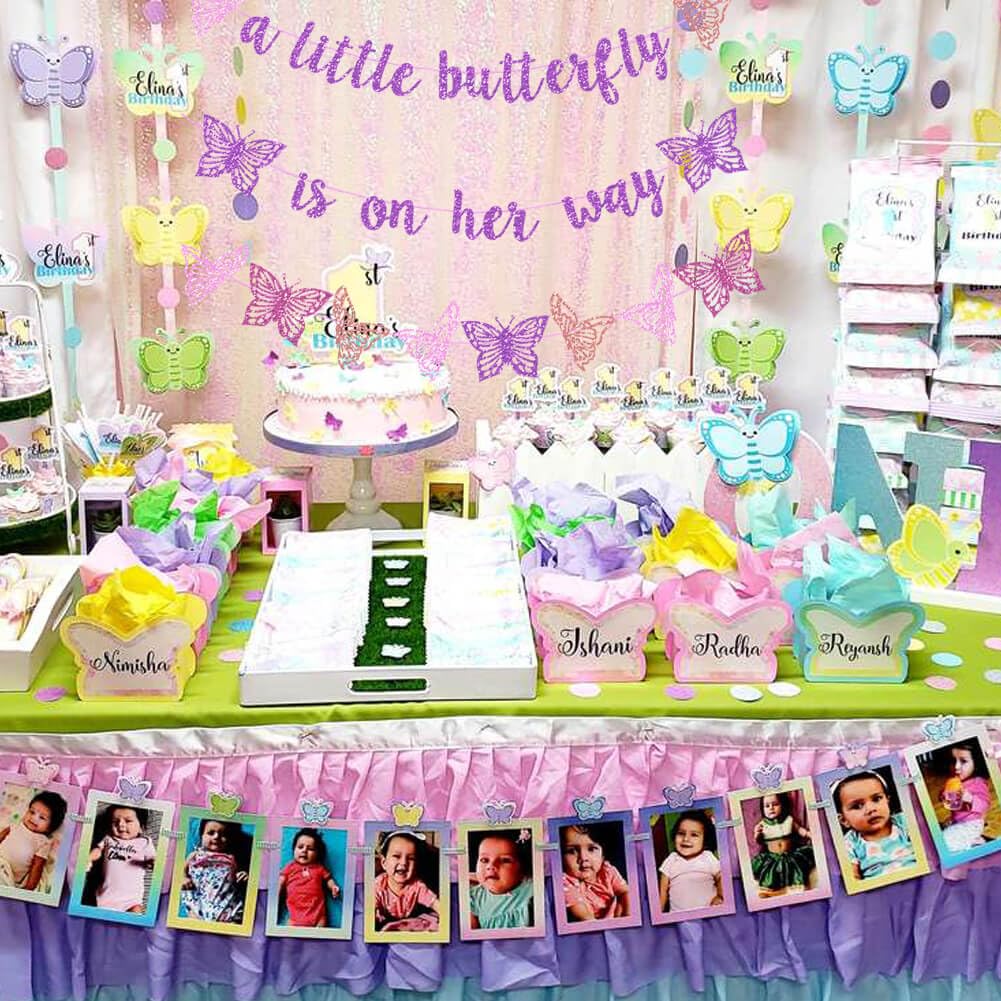 Vetwo Purple Glitter Butterfly Baby Shower Banner - 'A Little Butterfly Is On Her Way' for Gender Reveal, Pregnancy Announcement & 1st Birthday Party Supplies