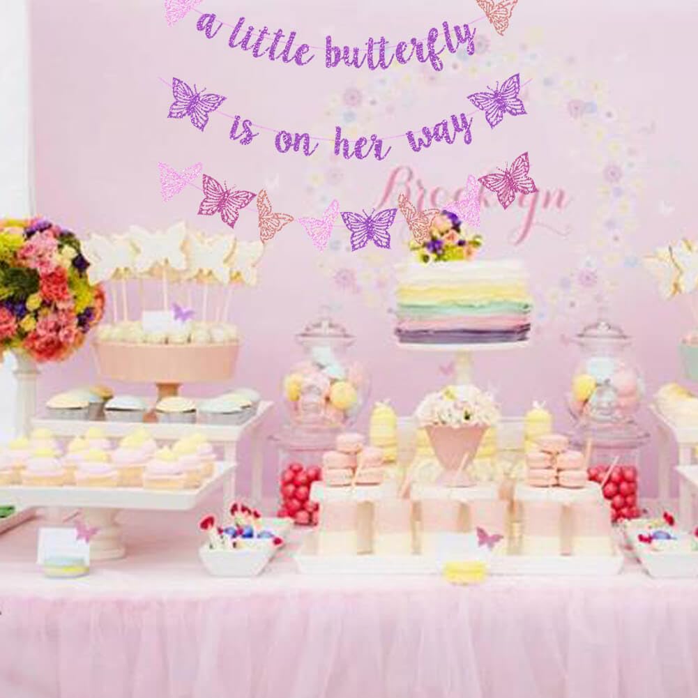 Vetwo Purple Glitter Butterfly Baby Shower Banner - 'A Little Butterfly Is On Her Way' for Gender Reveal, Pregnancy Announcement & 1st Birthday Party Supplies