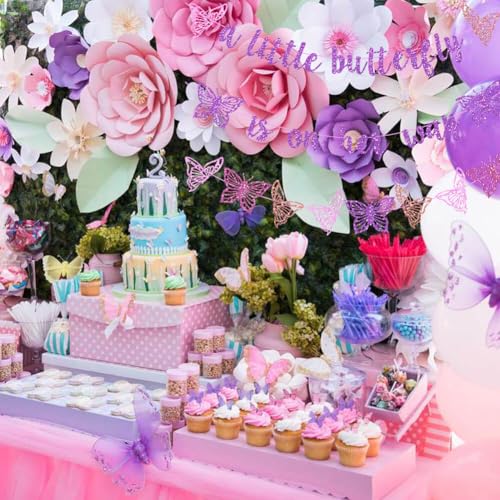 Vetwo Purple Glitter Butterfly Baby Shower Banner - 'A Little Butterfly Is On Her Way' for Gender Reveal, Pregnancy Announcement & 1st Birthday Party Supplies