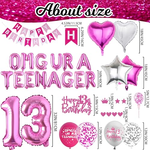 VeyoCraft 13th Birthday Decorations for Girls - Hot Pink OMG UR A Teenager Kit with Foil Balloons, Banner, Cake Topper (72 Pieces)