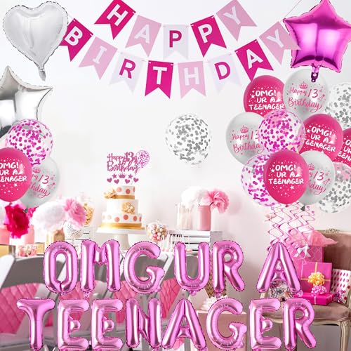 VeyoCraft 13th Birthday Decorations for Girls - Hot Pink OMG UR A Teenager Kit with Foil Balloons, Banner, Cake Topper (72 Pieces)