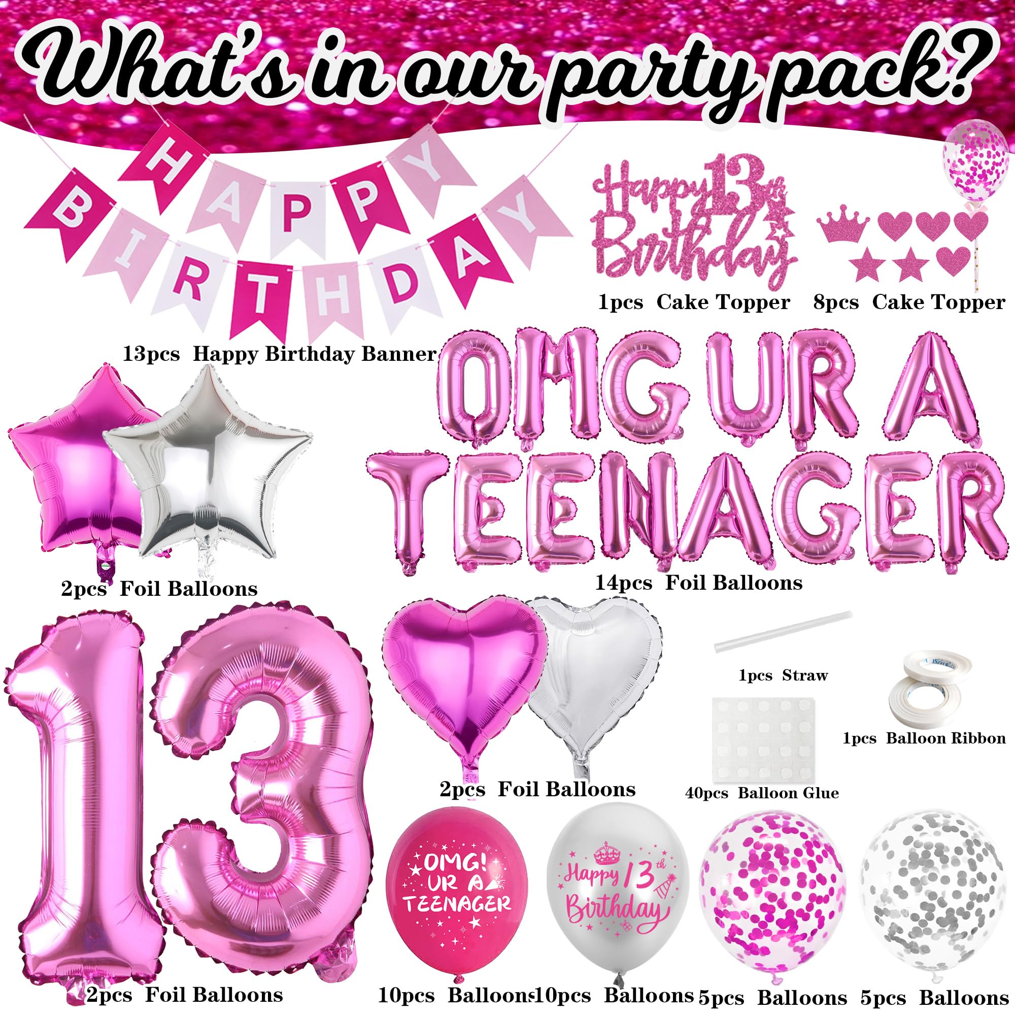 VeyoCraft 13th Birthday Decorations for Girls - Hot Pink OMG UR A Teenager Kit with Foil Balloons, Banner, Cake Topper (72 Pieces)