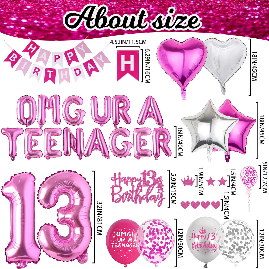 VeyoCraft 13th Birthday Decorations for Girls - Hot Pink OMG UR A Teenager Kit with Foil Balloons, Banner, Cake Topper (72 Pieces)
