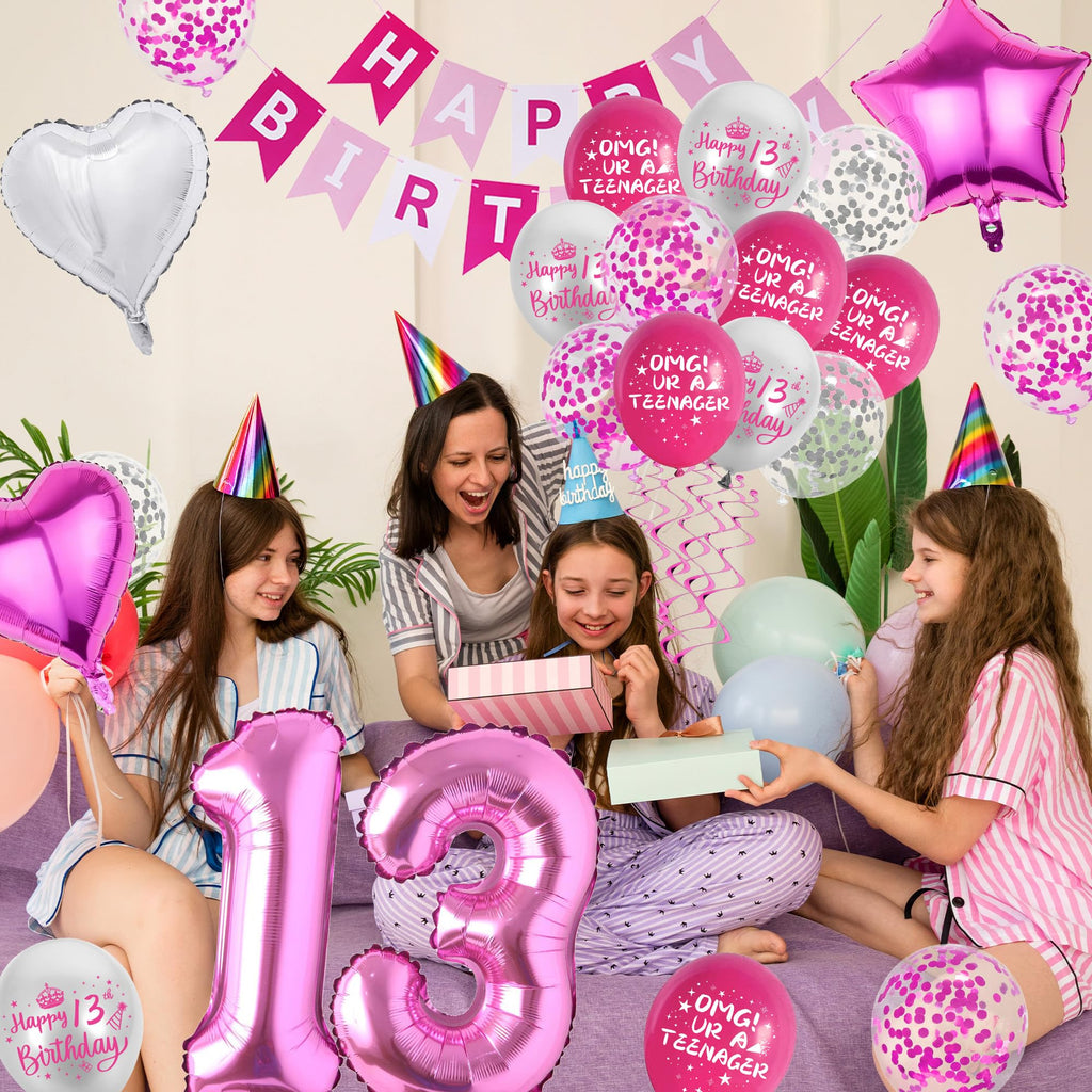 VeyoCraft 13th Birthday Decorations for Girls - Hot Pink OMG UR A Teenager Kit with Foil Balloons, Banner, Cake Topper (72 Pieces)