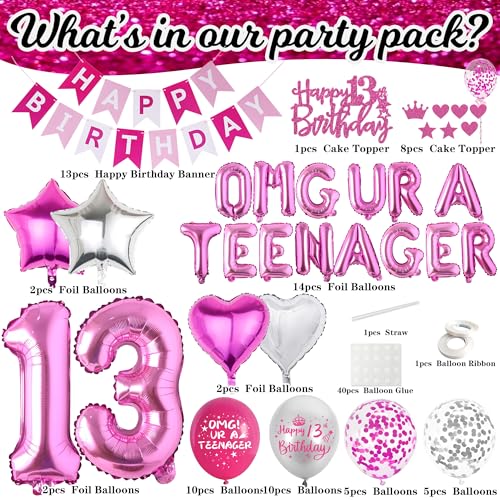 VeyoCraft 13th Birthday Decorations for Girls - Hot Pink OMG UR A Teenager Kit with Foil Balloons, Banner, Cake Topper (72 Pieces)