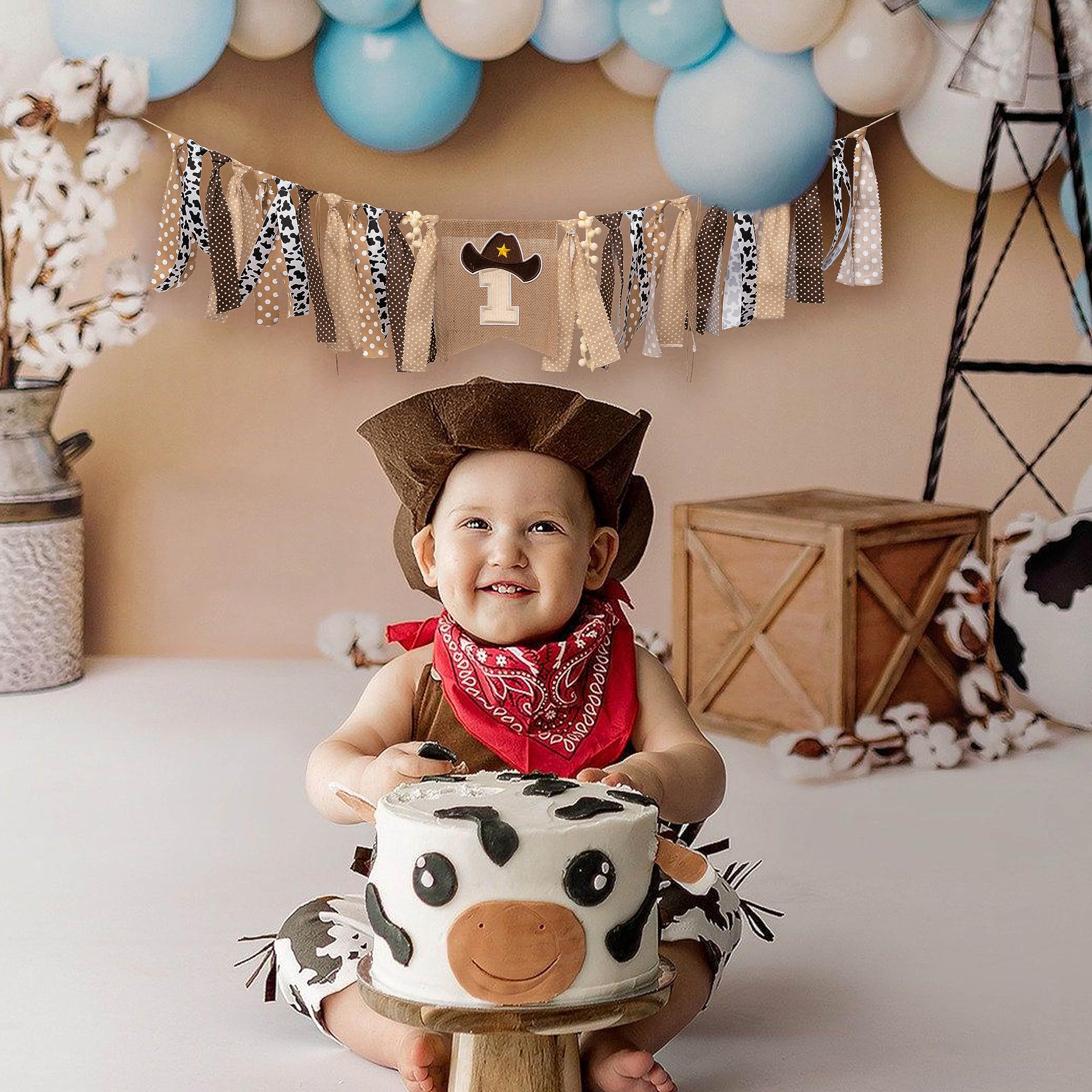 Vgaruint Cowboy Rodeo 1st Birthday High Chair Banner - Western Party Decor with Embroidered Number 1 and Cowboy Hat