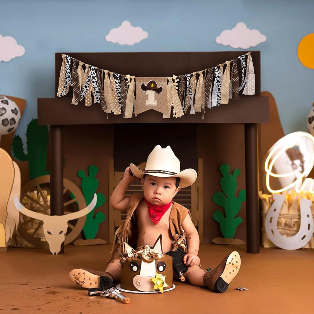 Vgaruint Cowboy Rodeo 1st Birthday High Chair Banner - Western Party Decor with Embroidered Number 1 and Cowboy Hat