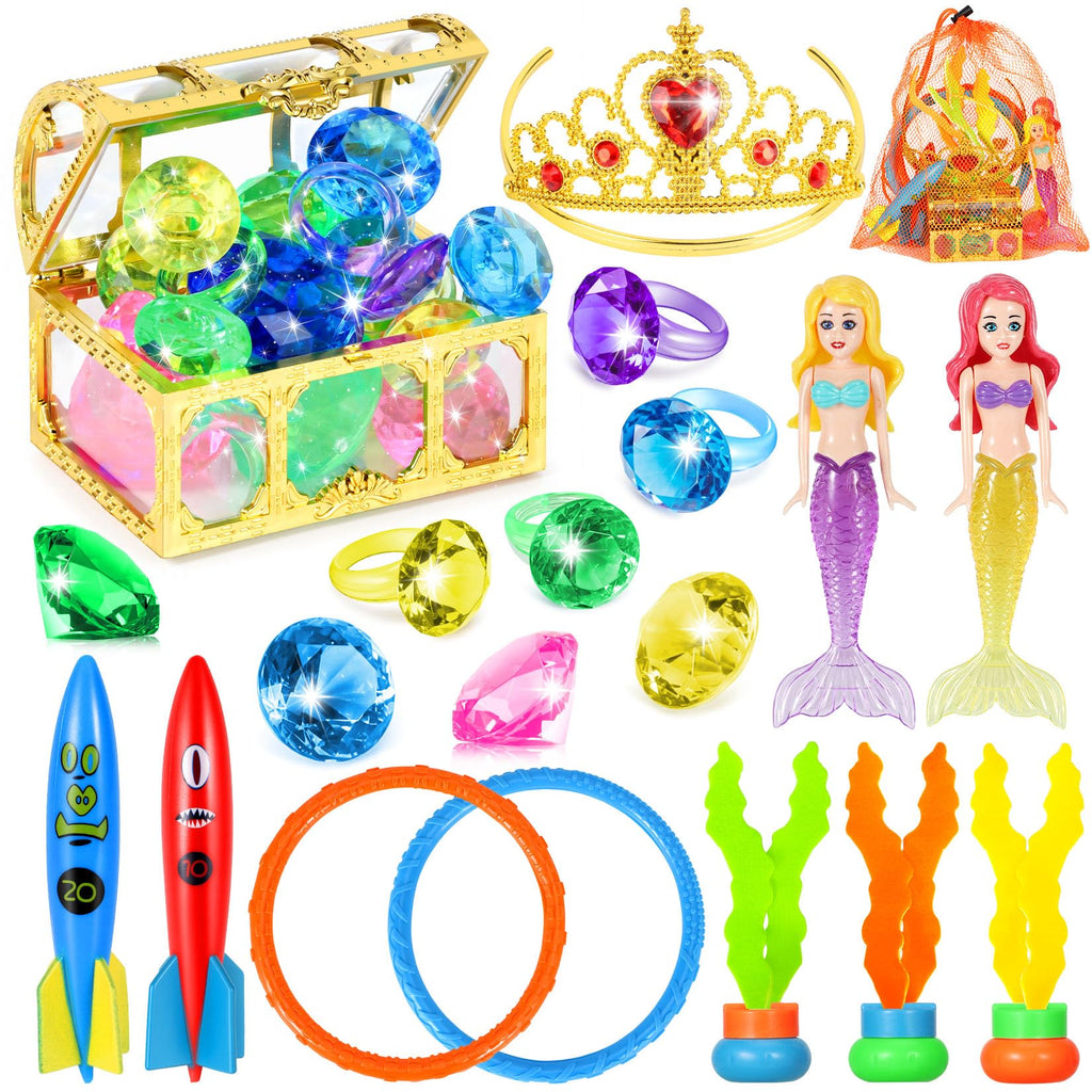VGOFUN 21-Piece Underwater Treasure Hunt Pool Toy Set with Pirate Chest and Mesh Bag