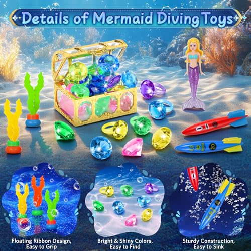 VGOFUN 21-Piece Underwater Treasure Hunt Pool Toy Set with Pirate Chest and Mesh Bag