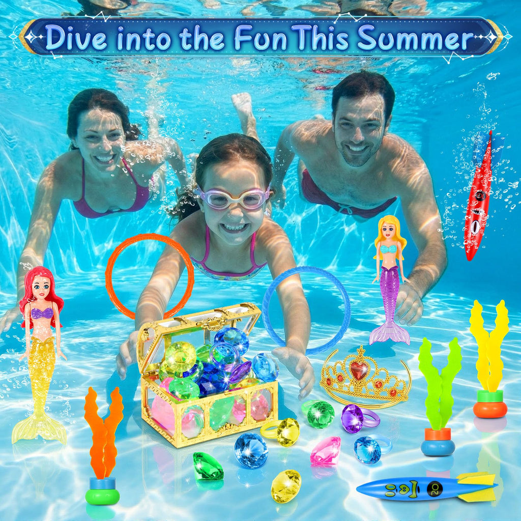 VGOFUN 21-Piece Underwater Treasure Hunt Pool Toy Set with Pirate Chest and Mesh Bag