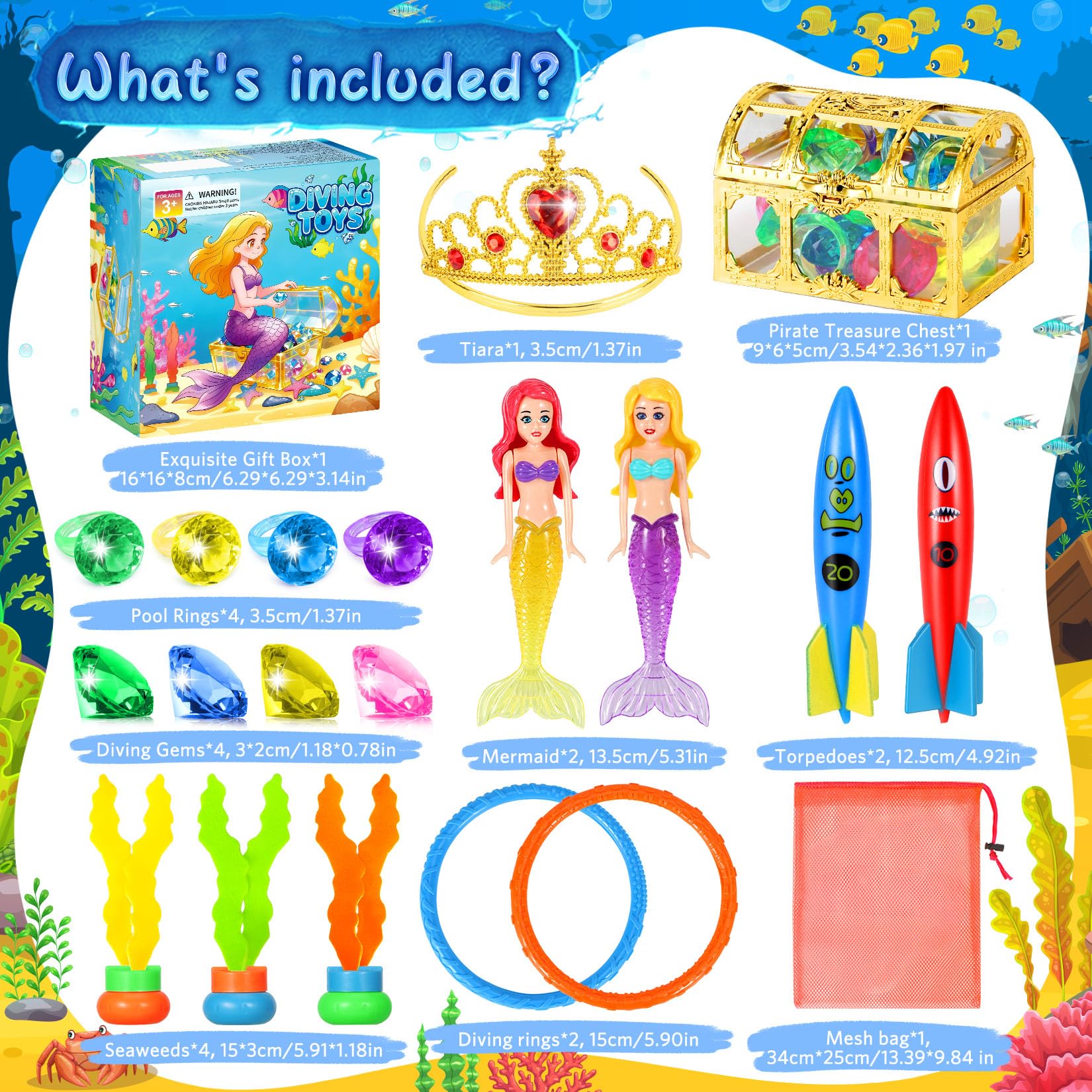 VGOFUN 21-Piece Underwater Treasure Hunt Pool Toy Set with Pirate Chest and Mesh Bag