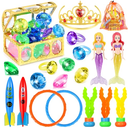 VGOFUN 21-Piece Underwater Treasure Hunt Pool Toy Set with Pirate Chest and Mesh Bag