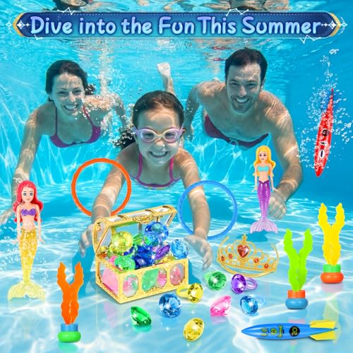 VGOFUN 21-Piece Underwater Treasure Hunt Pool Toy Set with Pirate Chest and Mesh Bag