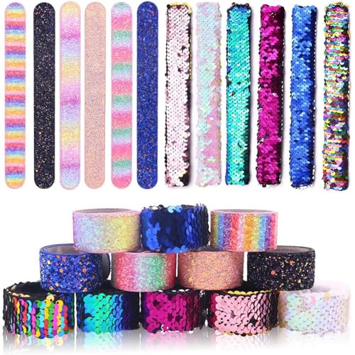 VGOODALL 12-Pack Glitter Slap Bracelets – Mermaid Sequin Wristbands for Kids Party Favors