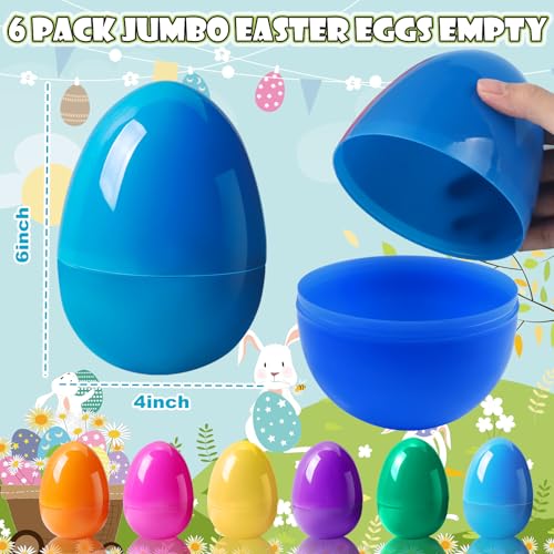 Viaecone 6-Pack Jumbo Easter Eggs – 6 Inch Large Fillable Plastic Eggs in 6 Bright Colors for Hunts, Baskets, and Party Favors