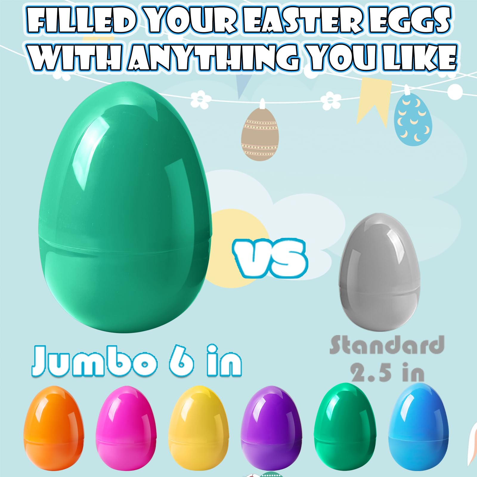 Viaecone 6-Pack Jumbo Easter Eggs – 6 Inch Large Fillable Plastic Eggs in 6 Bright Colors for Hunts, Baskets, and Party Favors