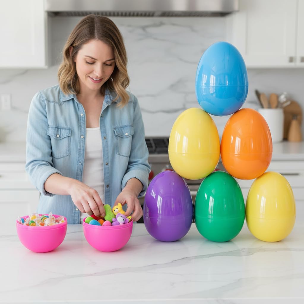 Viaecone 6-Pack Jumbo Easter Eggs – 6 Inch Large Fillable Plastic Eggs in 6 Bright Colors for Hunts, Baskets, and Party Favors